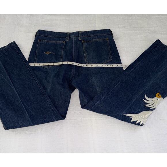 Vik Vizette Vtg 1970s Denim Jeans Embroidered Cockatoo Hippie Bell Bottom Sz 36 - Picture 12 of 16